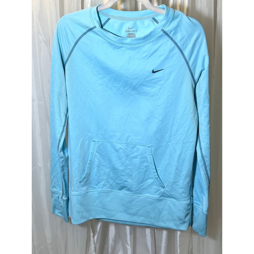 Nike Dri-FIT Pullover Women Large Blue Long Sleeve Kangaroo Pocket Thumbholes